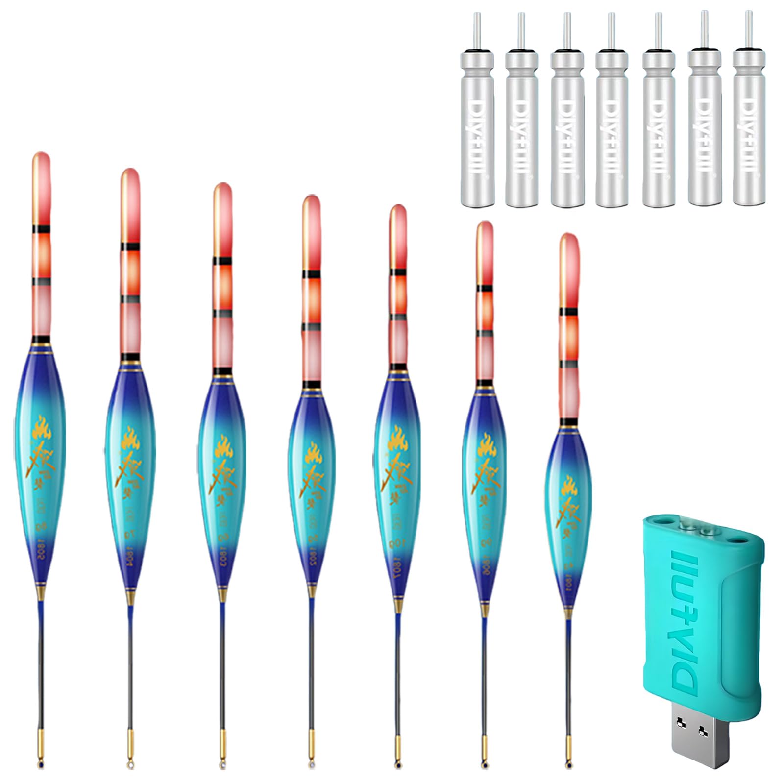 Set di 7 pose da pesca a LED, 4 g/5 g/6 g/7 g/8 g/9 g/10 g, può cambiare colore, set di luci con caricatore e batteria, accessori da pesca per lago, fiume, stagno