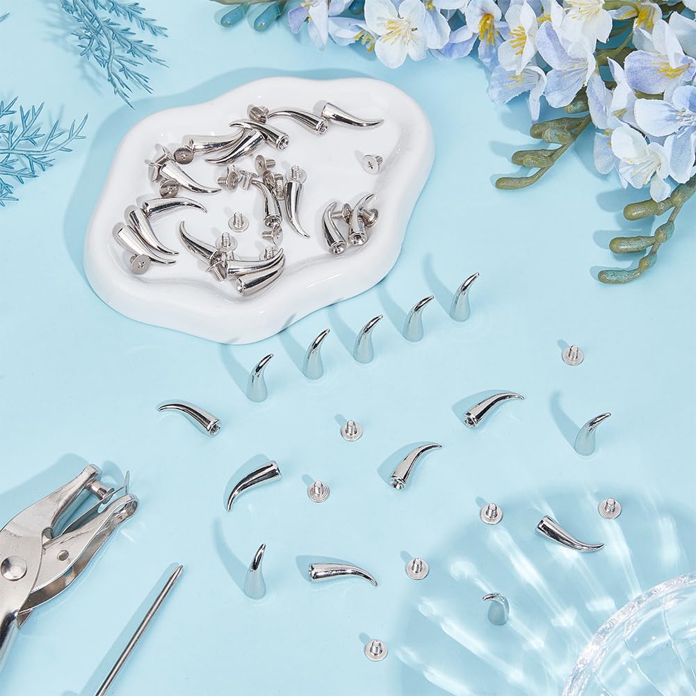 GORGECRAFT 30 Sets 20mm Cat Claw Studs and Spikes Silver Metal Alloy Punk Round Screwback Studs with Screws Leathercraft Decor Horn-Shaped Rivets for Leather Clothing Jackets Shoes DIY Crafts