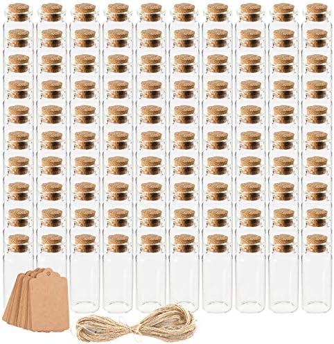 Kingrol 100 Pack 10ml Glass Bottles Wish Bottles with Cork Stoppers, Mini Bottle with Personalized Label Tags and String for Arts Crafts Projects, Decoration, Party Favors