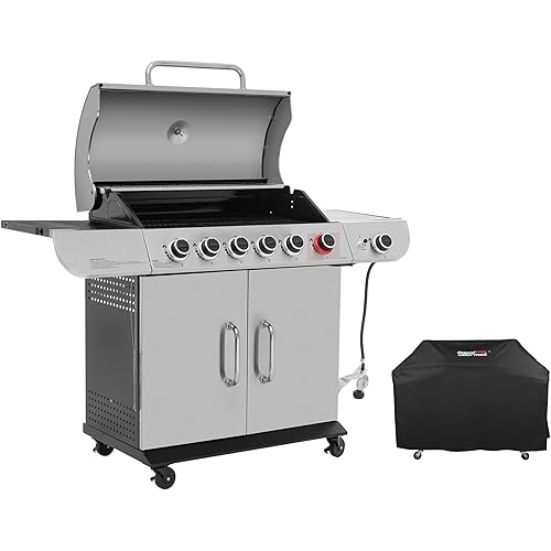 SG6002RC 6-Burner Gas Grill with Sear Burner and Side Burner, Stainless Steel Cabinet Style Gas Grill with Cover, 71,000 BTU, for Outdoor Patio Garden Picnic Backyard Cooking, Silver