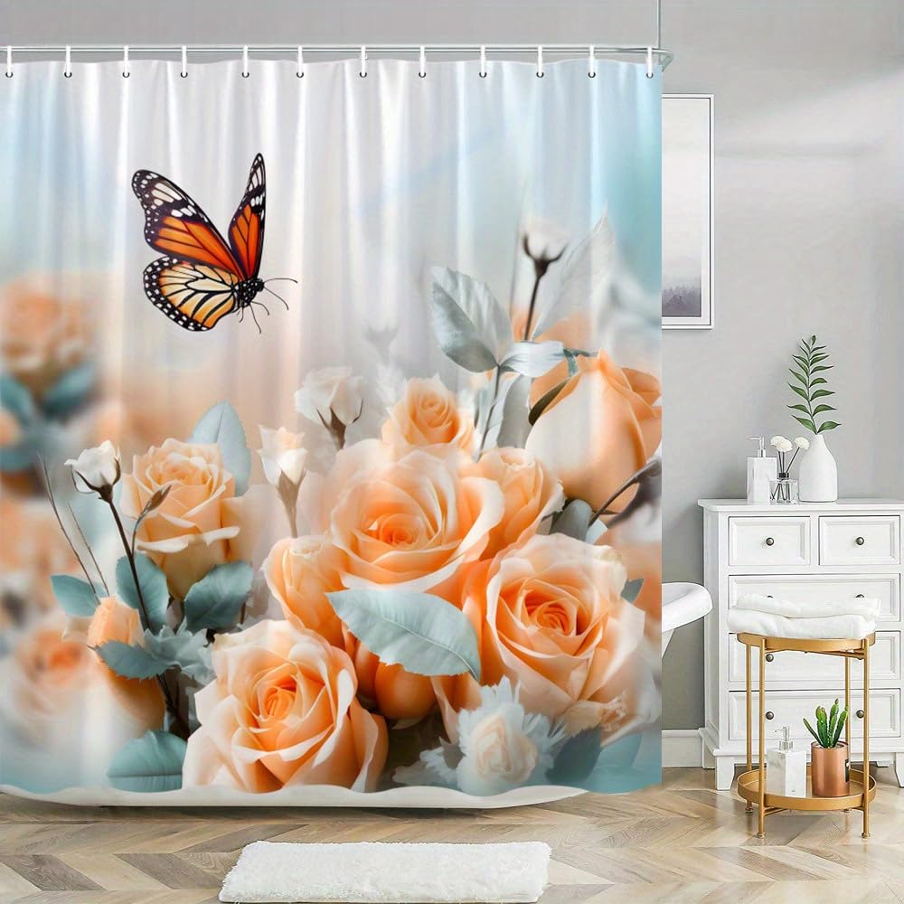 GLWDMB 1 Piece 180x200CM Peach Roses with Monarch Butterfly Printed Shower Curtain With Hook, Polyester, for Windows And Walls, Bathtub, Bathroom, Machine Washable, All Season Universal