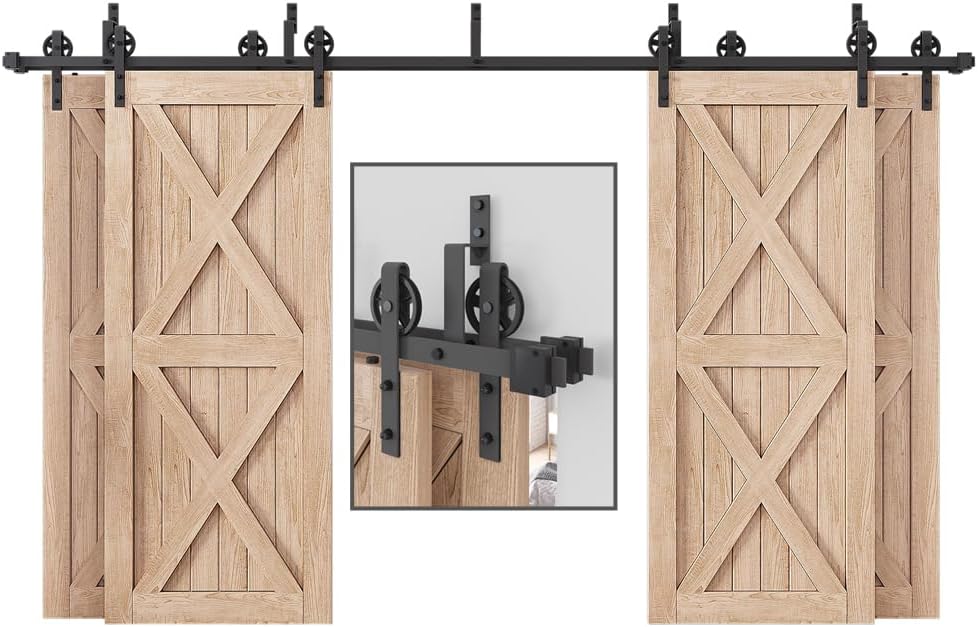 ZEKOO 16 FT Four Doors Double Track Bypass Sliding Barn Door Hardware Kit (16 FT Bypass 4 Doors Hardware Kit)