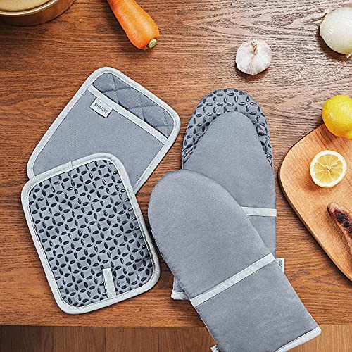 Oven Mitts And Pot Holders Set - 4Pcs Long Cotton Puppet Oven Gloves & Hot Pads With Non-Slip Silicone Grip Heat Resistant 455 °F /235 °C For Kitchen Baking Cooking Grilling Machine Washable-Grey #TOP5