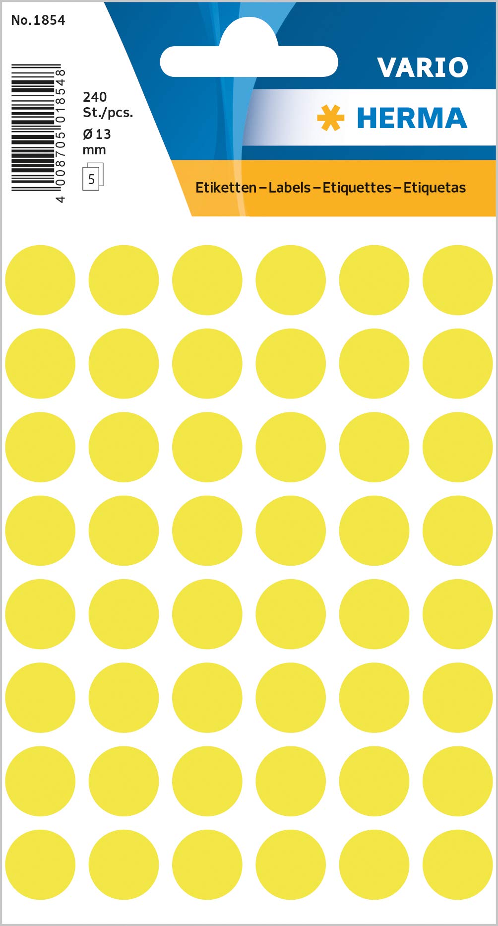 HERMA Luminous Yellow Dot Stickers, 240 Labels, Ø 13 mm, 48 Labels per Sheet, Self-Adhesive Round, Blank Marking Dots, Sticky Circle Stickers for Color Coding Calendar