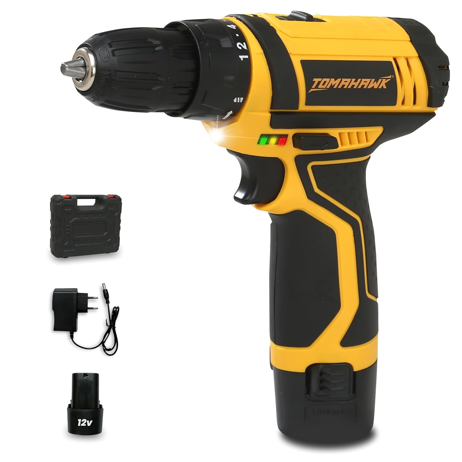 Tomahawk DMD-4100 12V Cordless Drill/Screwdriver | 10mm Keyless Chuck | 2-Speed (350/1350 RPM) | Dual 1.5Ah Batteries | LED Light, Battery Indicator | DIY, Wood, Metal & Home Repair Kit with Case-image-27