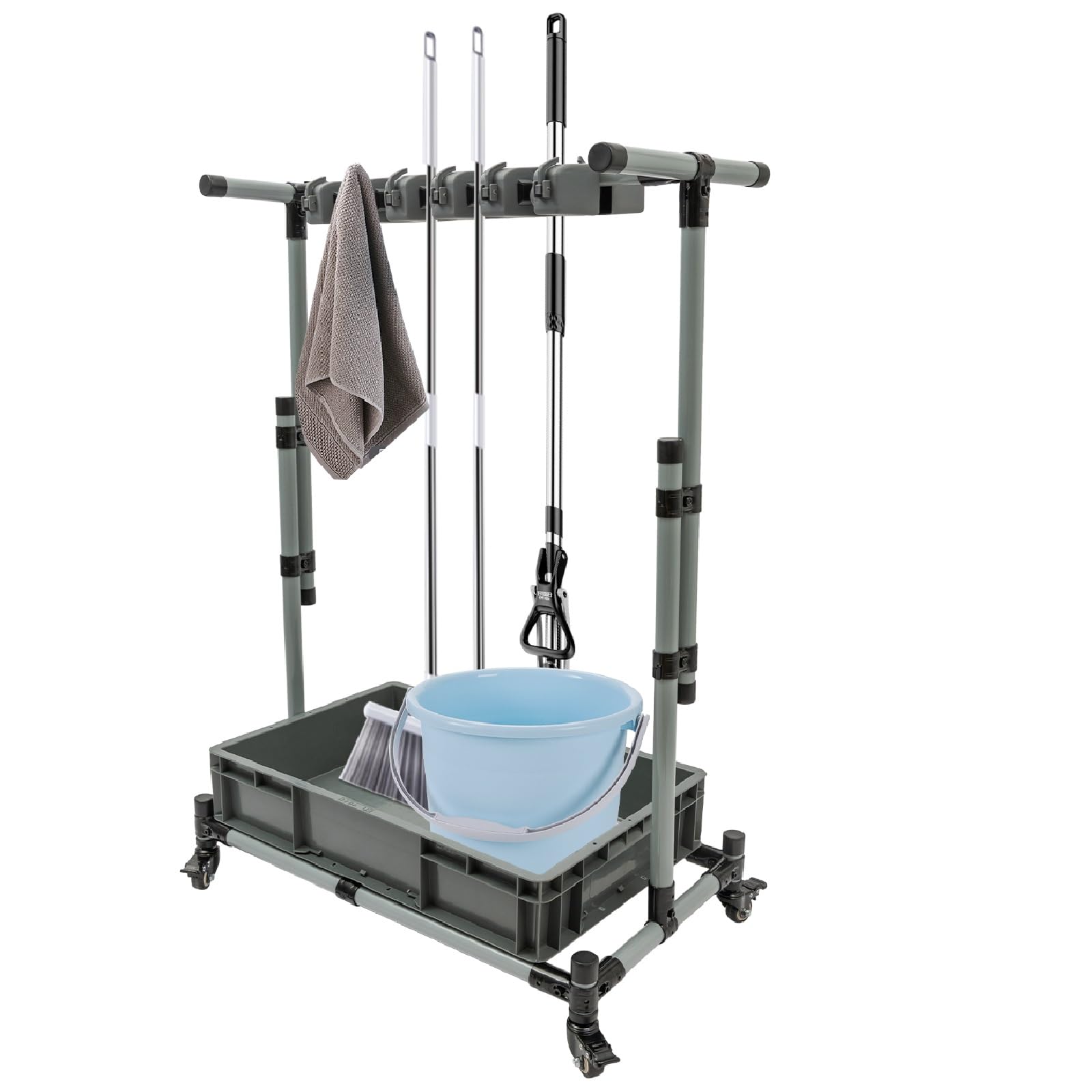 Carrello per supporto per mop resistente con ruote, 10 slot Janitorial Caddy, deposito regolabile in altezza per le scope, stazione di pulizia del pavimento con vassoio e freni per l'ufficio domestico