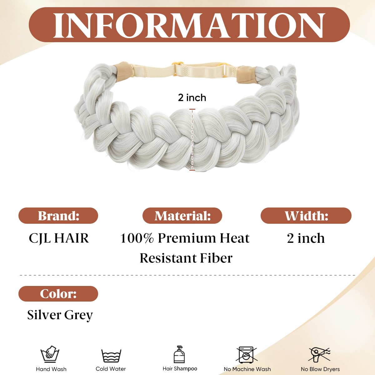 CJL HAIR Wide Elastic Braided Headbands for Women with Adjustable Strap Synthetic Hair Head Bands Handmade Braid Hairband Hairpiece 1PC Silver Grey image 2