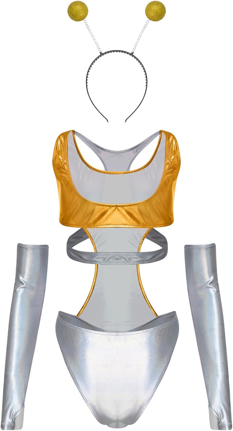 Linjinx Womens Alien Bodysuit Hollow Out Space Cadet Cosplay Costume with Detachable Sleeves And Headwear