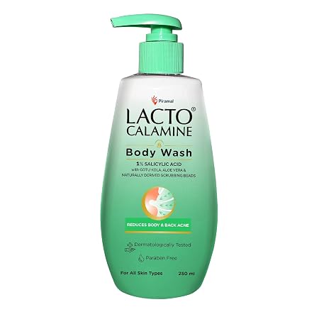 Lacto Calamine 1% Salicylic Acid Body Wash | 250ml | For Body Acne, Back Acne, Rough & Bumpy Skin |Cica, Aloe Vera, Turmeric & Natural Scrub Beads | Paraben Free | Body Wash Shower Gel For Men & Women