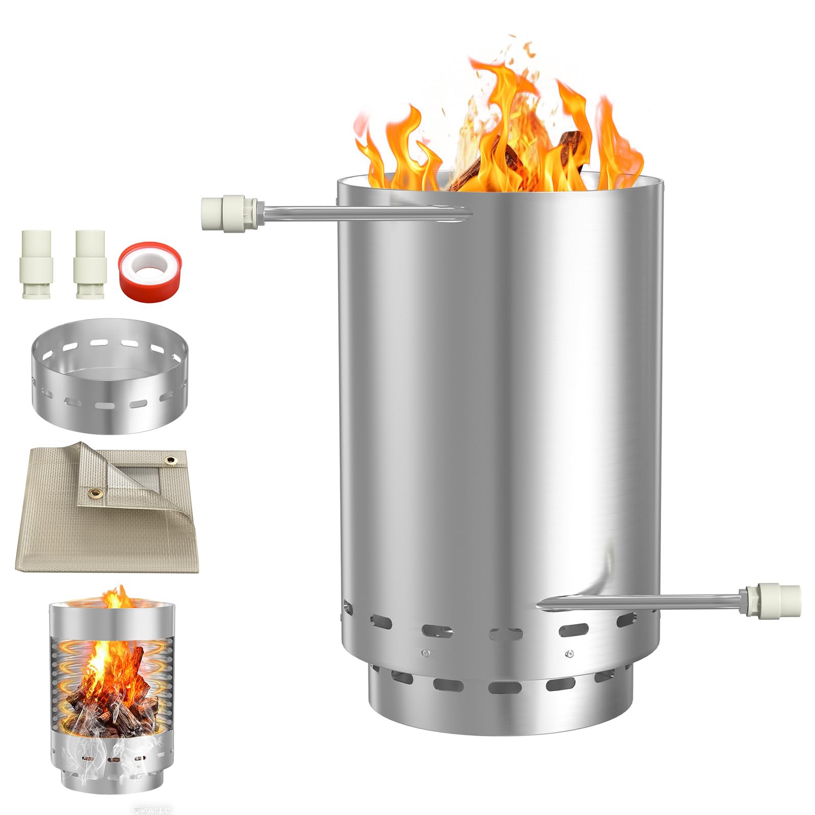 LZQ Beczka do basenu ze stali nierdzewnej z podgrzewaną spiralą, średnica 32/38 mm, armatura, drewno opałowe, ogrzewanie basenu, mata ognioodporna i worek do zbierania, piec