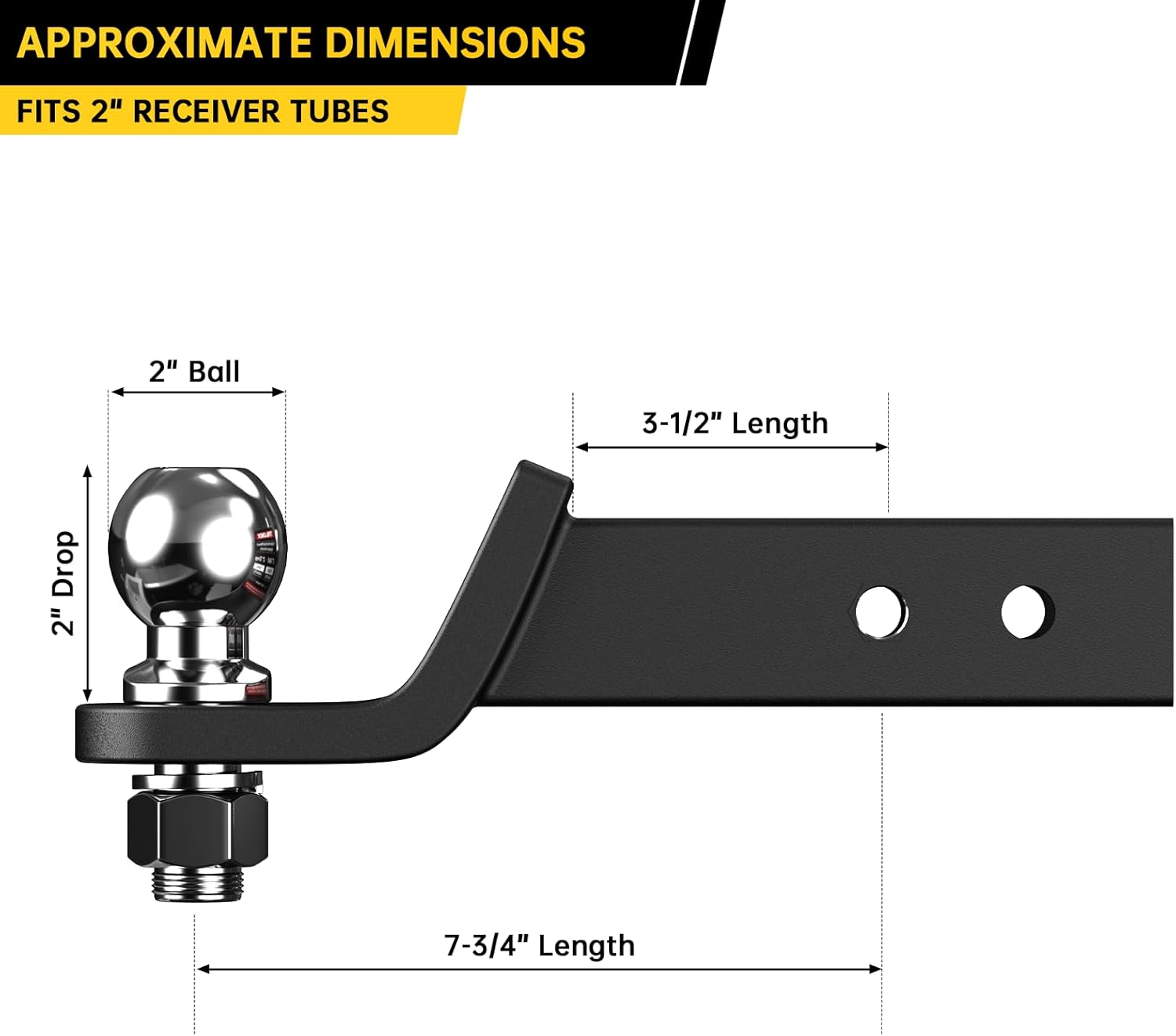 Trailer Hitch Ball Mount with 2-Inch Ball, Fits 2-in Receiver, 7,500 lbs, 2" Drop, Includes 5/8” Screw-in Hitch Pin