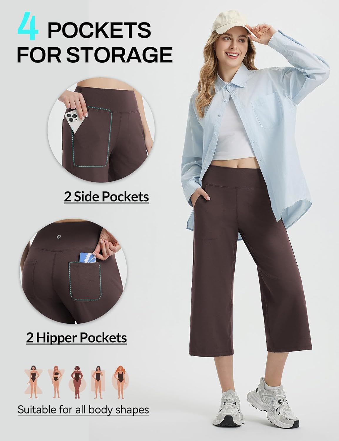 baleaf Women's Capri Pants Wide Leg with 4 Pockets Yoga Dress Capris High Waist Cropped Pants Loose Lounge Travel Summer