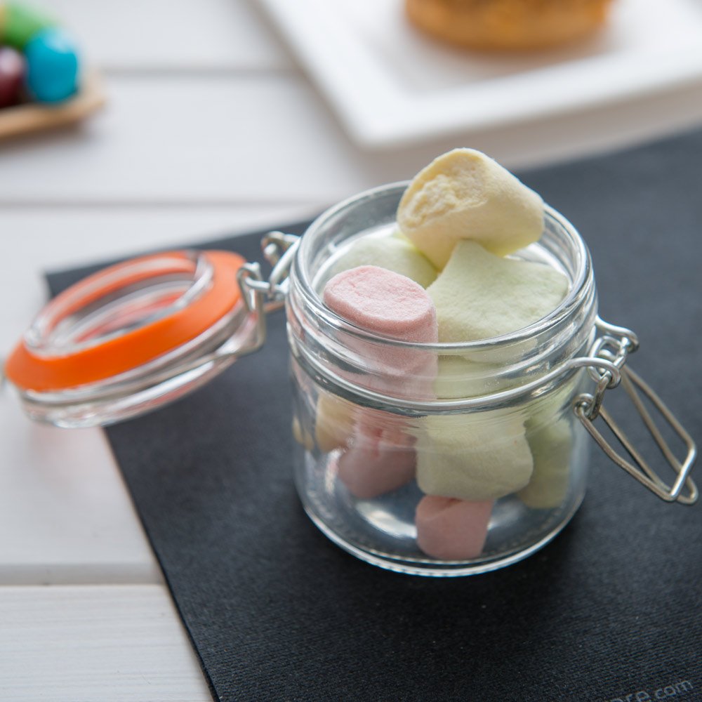 Restaurantware Tarro Mason con tapa de abrazadera ancha, tarros Mason con tapa de gatillo, almacena líquidos o productos secos, sirve postres, bebidas o aperitivos, 3.4 onzas, caja de 10 unidades