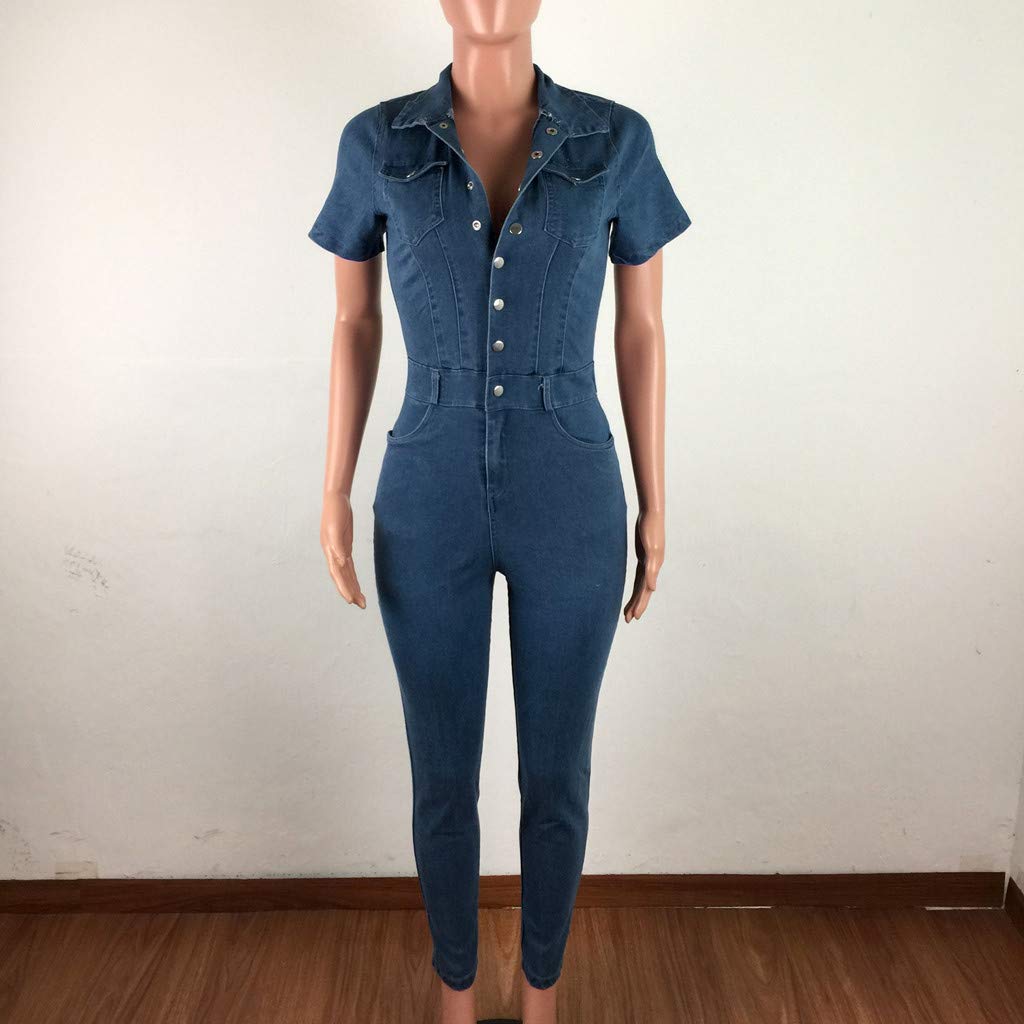 MaNMaNing Jumpsuit Donna Denim Elegante Tuta Vita Alta Maniche Corti Tutina Cocktail Overall Monopezzi Intera Estivi Casual Jeans Salopette MJ624