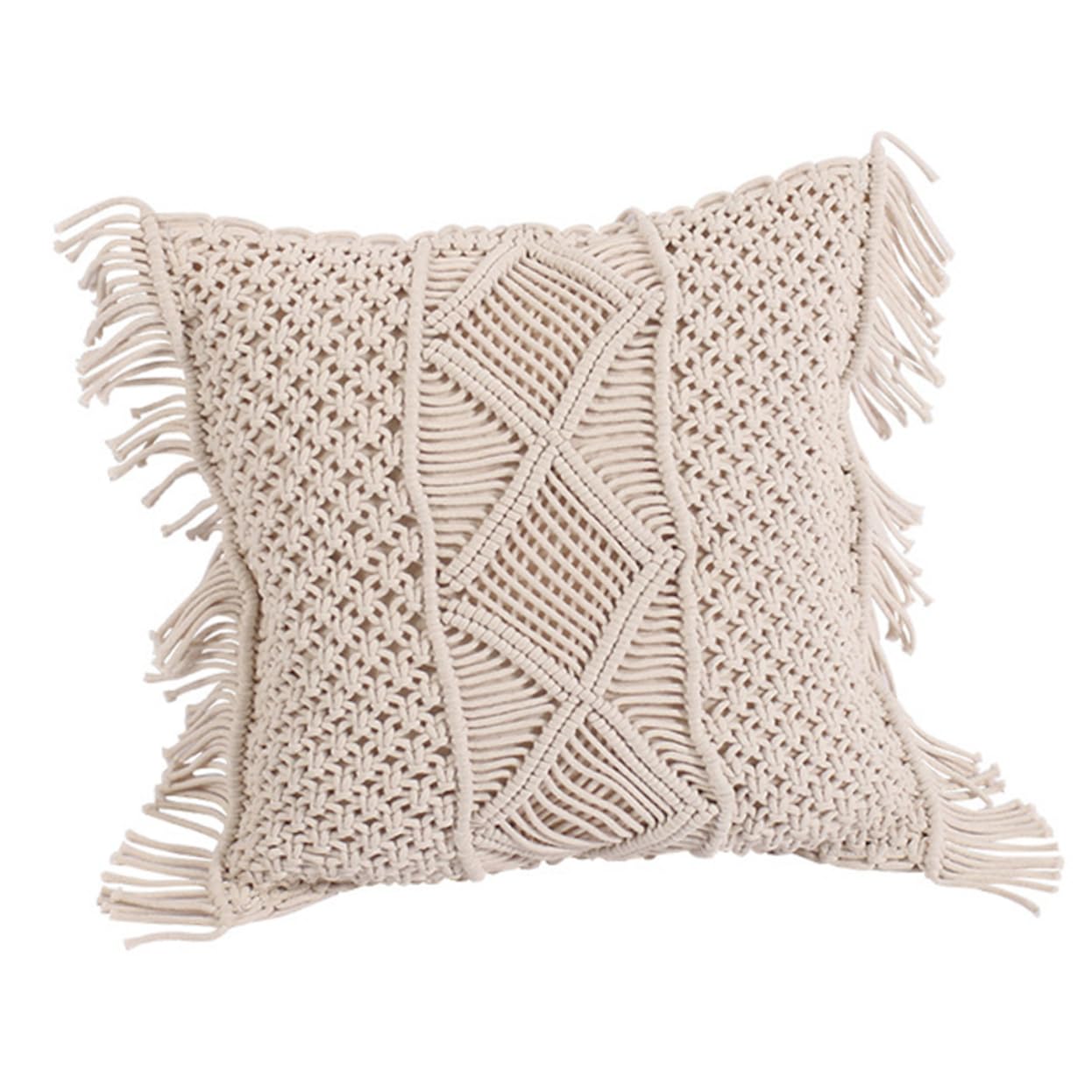 Fodera Cuscino Intrecciata a Mano Beige Frange 1 Pezzo | Cotone, Uso Casa e Regalo Inaugurazione, Copricuscino per Divano, Stile Semplice Delicato