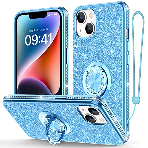Henpone Compatible for iPhone 14 & iPhone 13 Case for Women with Ring Stand Cute Glitter Bling Protective Cell Phone Basic Case for iPhone 13 6.1 Blue