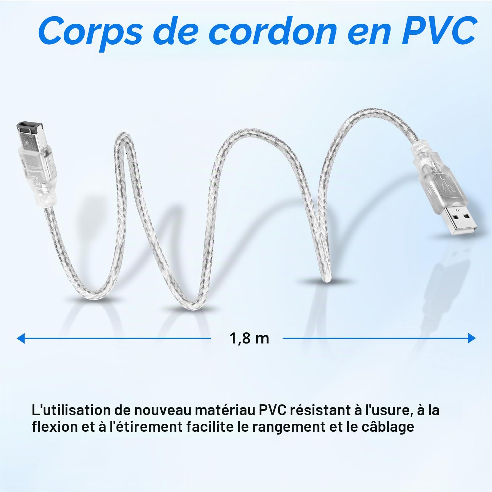 Herfair Câble USB vers mâle 6 broches, adaptateur de transfert de données, convertisseur iLink FireWire 400 DV pour ordinateur portable vers caméscope, caméra DV, 1,8 m