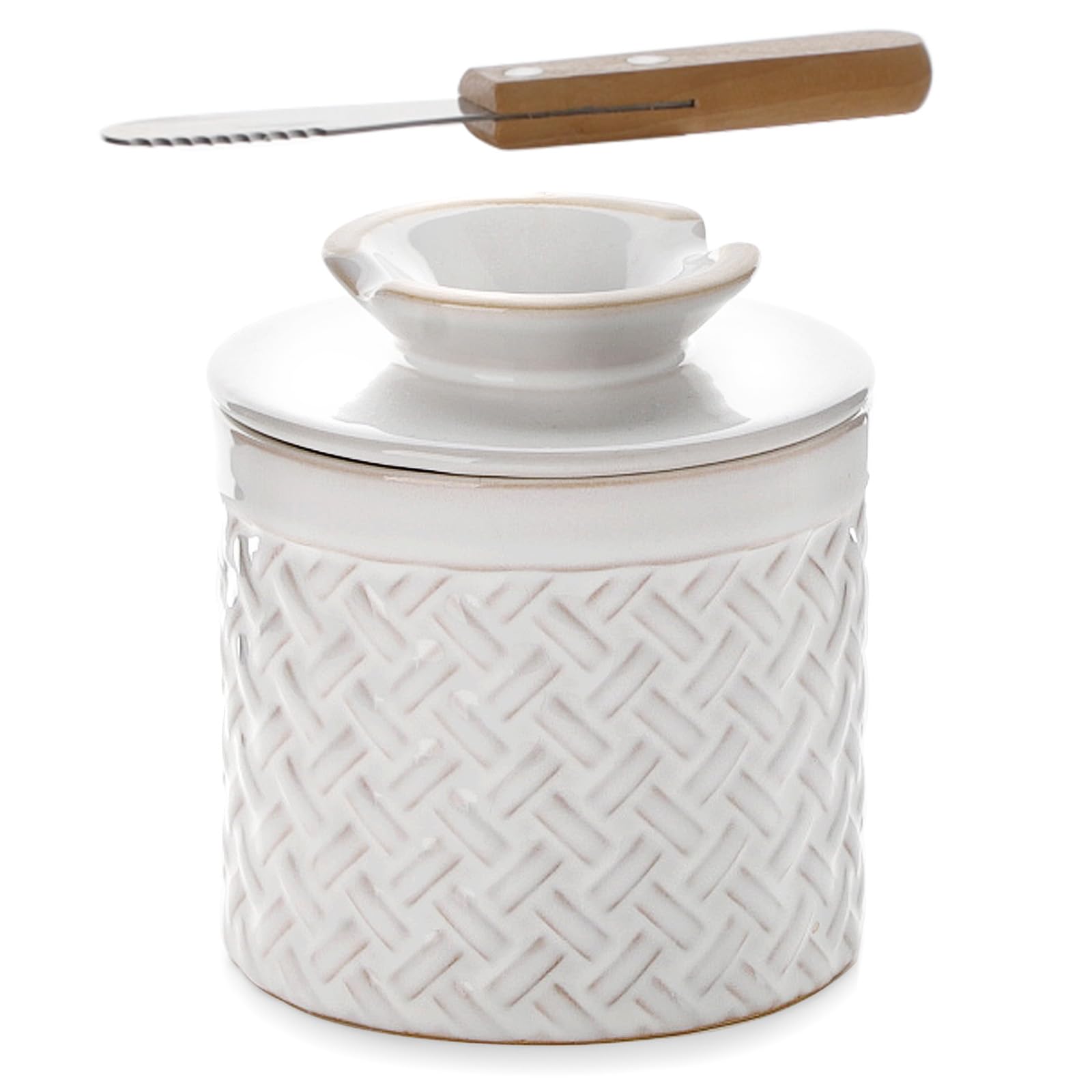 Photo 1 of Nucookery Ceramic Butter Crock with Lid – Embossed French-Style Butter Keeper for Countertop, Water-Seal Design Keeps Butter Fresh & Spreadable | Farmhouse Kitchen & Housewarming Gift (Woven Pattern)