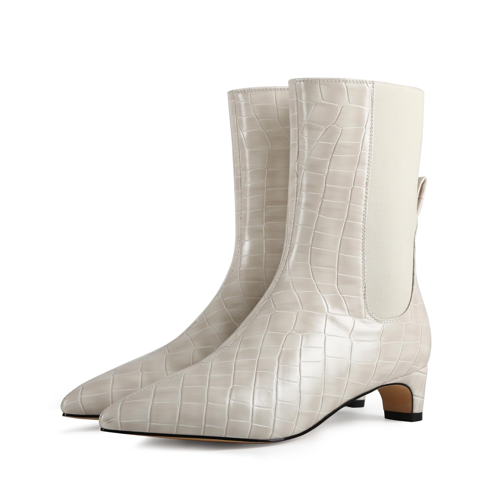 Womens Ankle Boots Pointed Toe 4CM Block Heel Crocodile-Embossed Slip-On Low Boots With Elastic Back Panel For Office