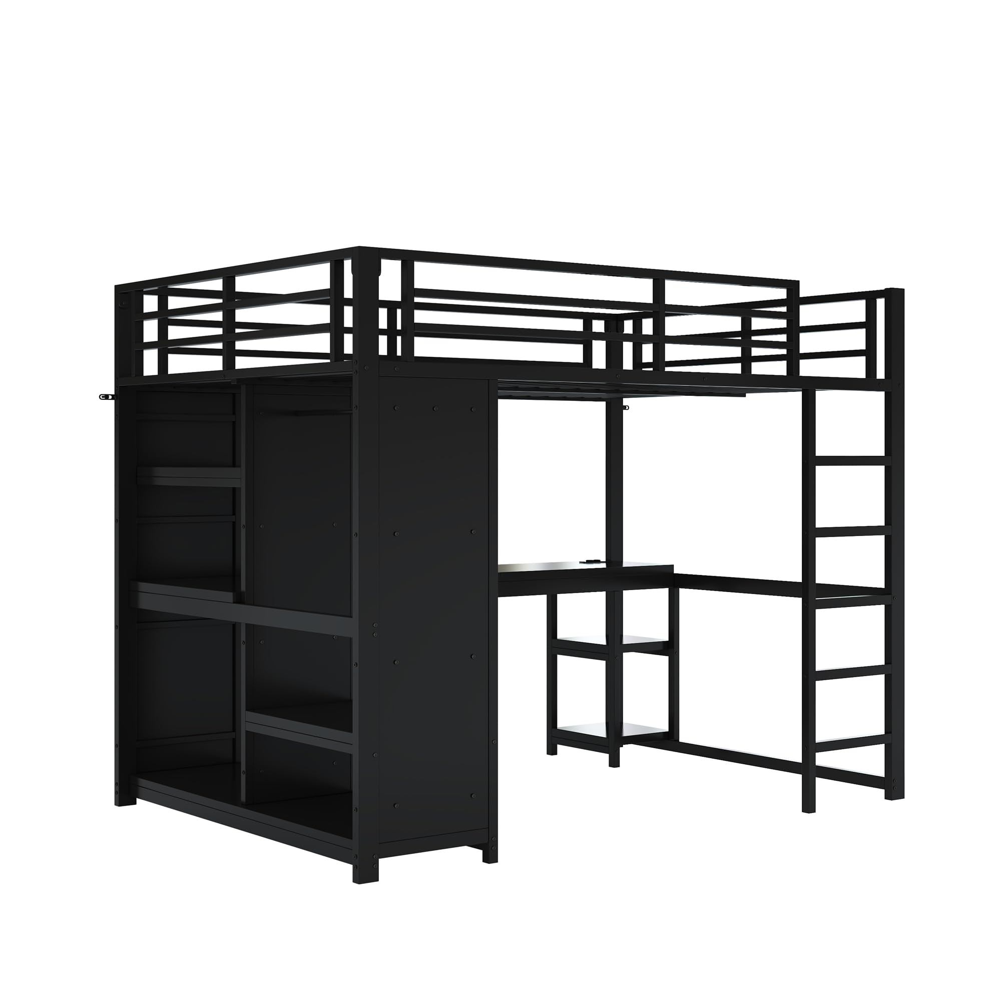 140x200 Cama alta de metal para juegos con LED, escritorio, armario abierto y estantes, Negro (140x200cm)