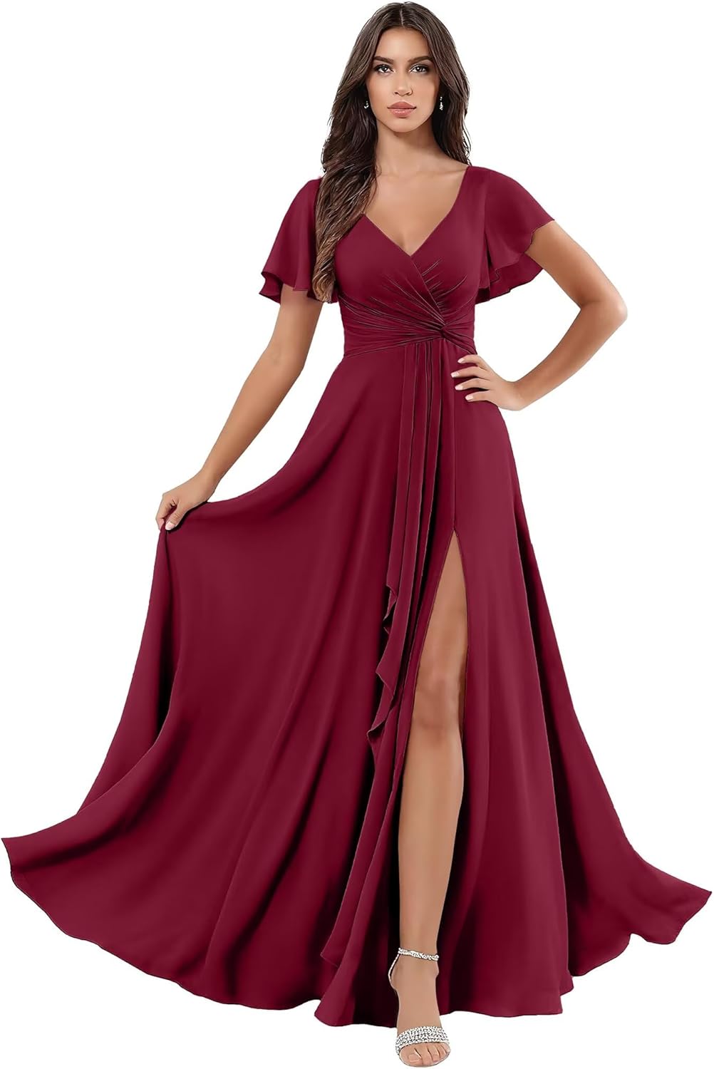 Women's Long Chiffon Bridesmaid Dresses with Slit Flutter Sleeves Formal Prom Dress for Wedding