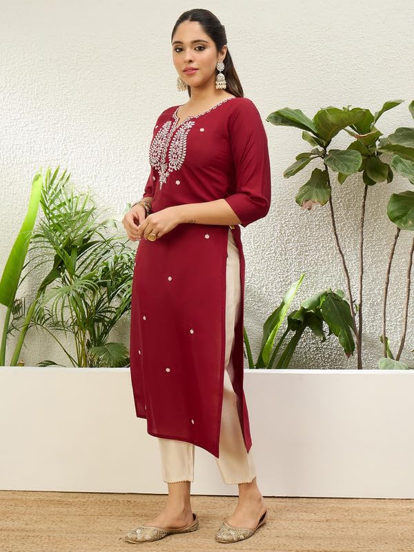 Image of Women's Silk Blend Embroidery Straight Kurta | Ethnic Kurtas for Women | Kurtis for Women Festive, Casual Office Wear Ethnic Kurta for Women
