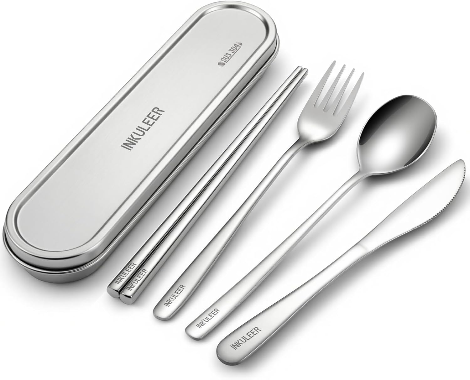 INKULEER 18/8 Stainless Steel Travel Cutlery Set with Case - Reusable Knife, Fork, Spoon, Chopsticks for Camping, Office, Travel