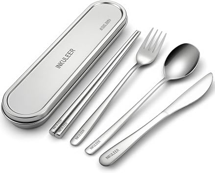 INKULEER Travel Cutlery Set - 18/8 Stainless Steel Reusable Utensils with Metal Case, Portable Silverware for Camping, Office, Travel & Outdoor Dining