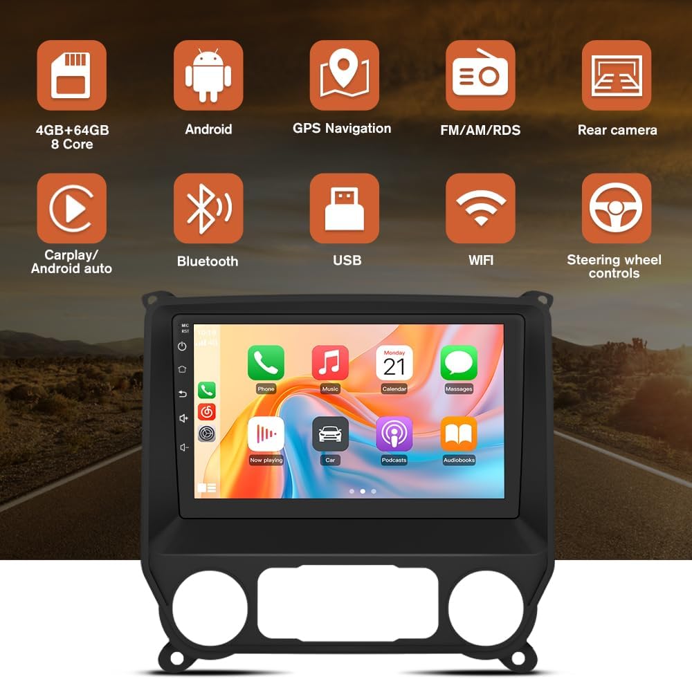 Android Car Radio for Chevy Silverado GMC Sierra 2014-2018, 4GB+64GB,Octa-core, WiFi, 10.1 inch Touch Screen, GPS Navigation CarPlay Android Auto SWC FM/AM Radio, Backup Camera