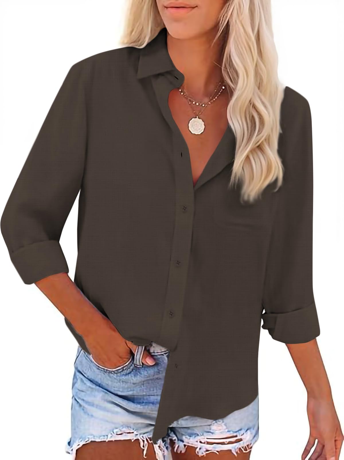 Button Down Shirts for Women Long Sleeve Dress Blouse Casual Solid Office Work Tops