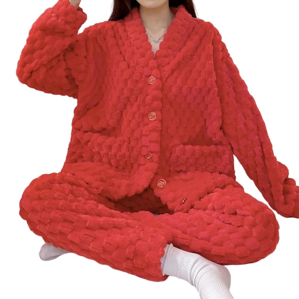 Pyjama Großer Sichtpyjama -Set Frauen Warme Hauskleidung Winter Pyjama Sweatshirt Warme Hauskleidung-rot-4xl (90-100 Kg)