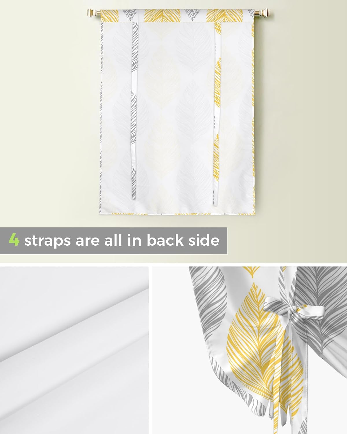 Minimalist Yellow Grey Leaf Tie Up Window Shade Curtain Nature Boho Plant Kitchen Adjustable Balloon Curtains Shades Drape 46x63In for Living Room/Bedroom/Cafe Windows Botanical