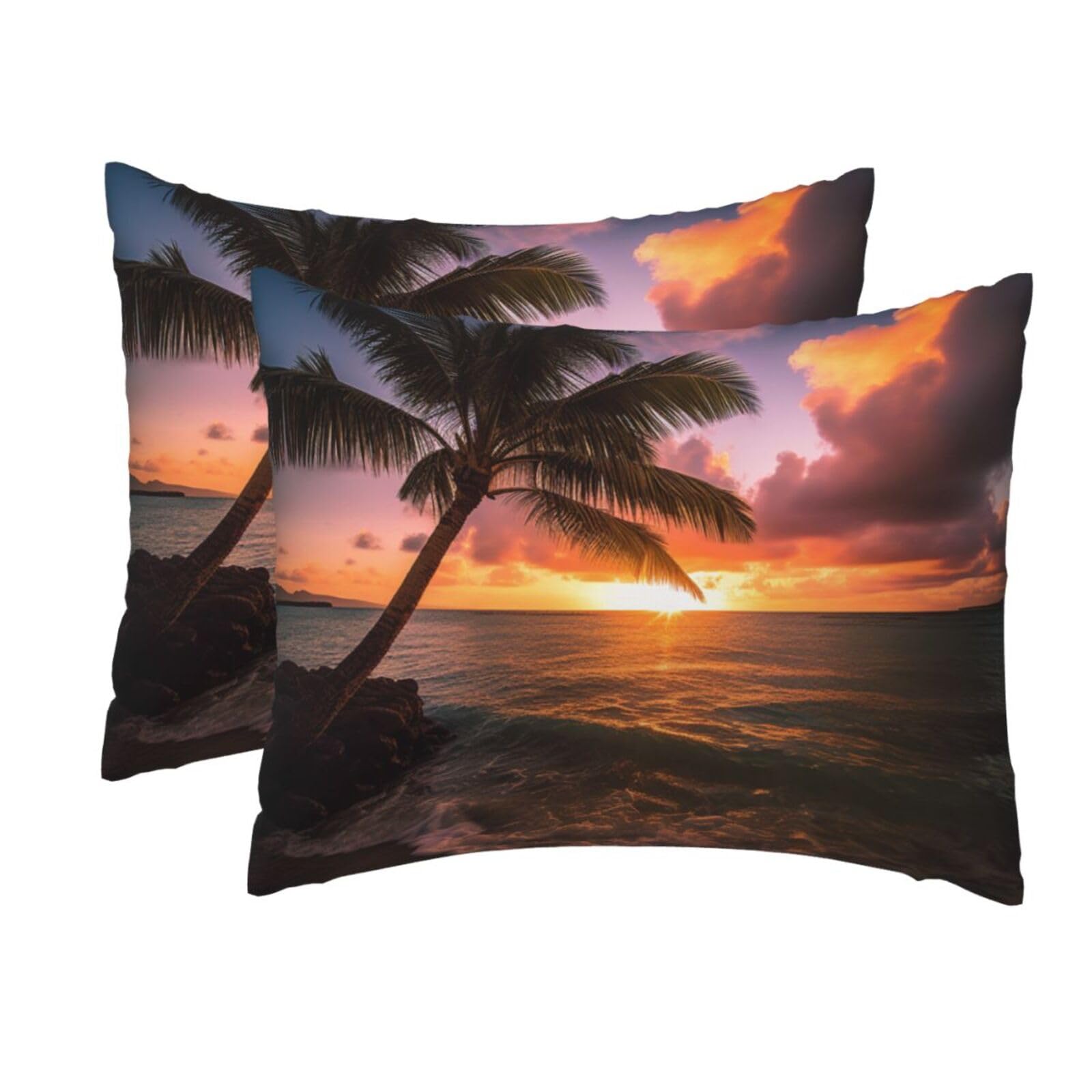 2 Pack Standard Size Pillow Cases for Hair and Skin Soft Breathable Pillow Case Covers with Hidden Zipper Palm Tree Sunset Beach Pillowcase 20x26 Inches Pillow Cover for Sleeping Gift