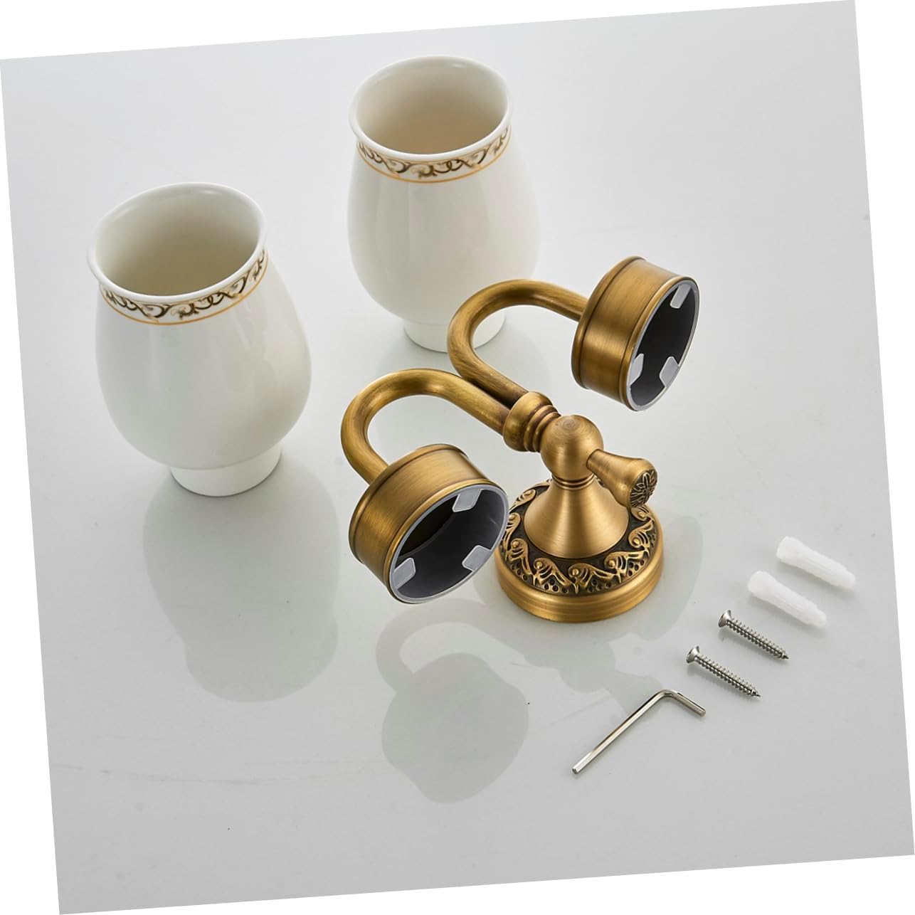 Amosfun Vintage Copper Wall Mounted Toothbrush Holder with Ceramic Cups Elegant Double Cup Organizer for Bathroom and Hotel Use Easy to Install Design