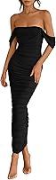 PRETTYGARDEN Women's Off Shoulder Ruched Bodycon Maxi Dress Sleeveless Split Hem Summer Cocktail Party
