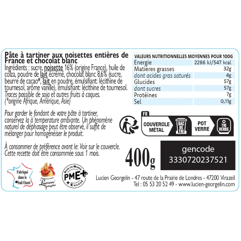 Lucien Georgelin Pâte à tartiner noisettes & chocolat blanc 3x400g | Noisettes de France