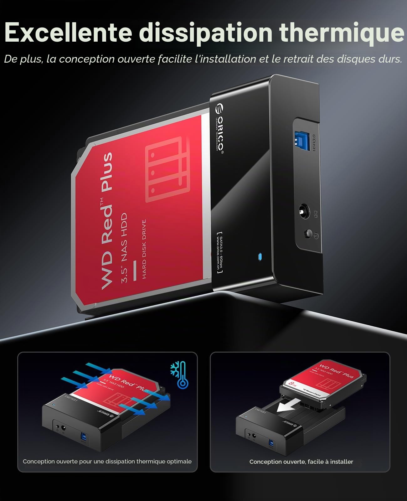 ORICO Station d'accueil Externe USB 3.0 SATA pour Disques Durs SATA 2,5/3,5 Pouces, Station d'accueil pour Disques durs 5 Gbps avec Une Capacité Maximale de 24 to [Prend en Charge UASP]