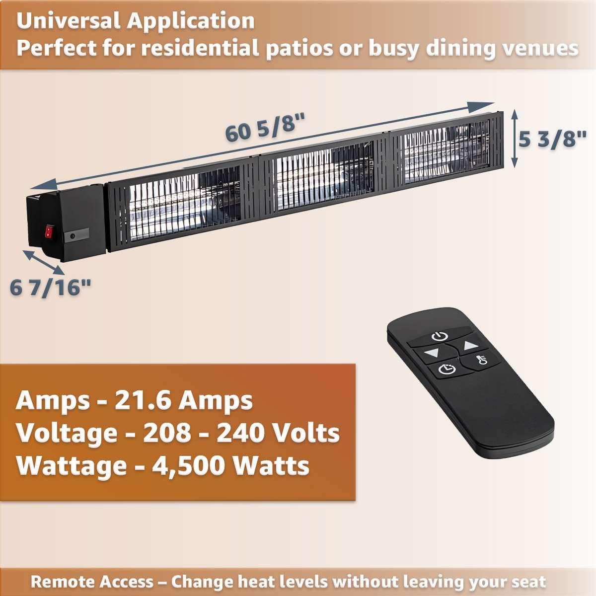 4,500 W Black Commercial Electric Infrared Heater (208-240 V) with Carbon-Fiber Heating Element – Hardwired Wall/Ceiling Mount for Industrial & Outdoor Use