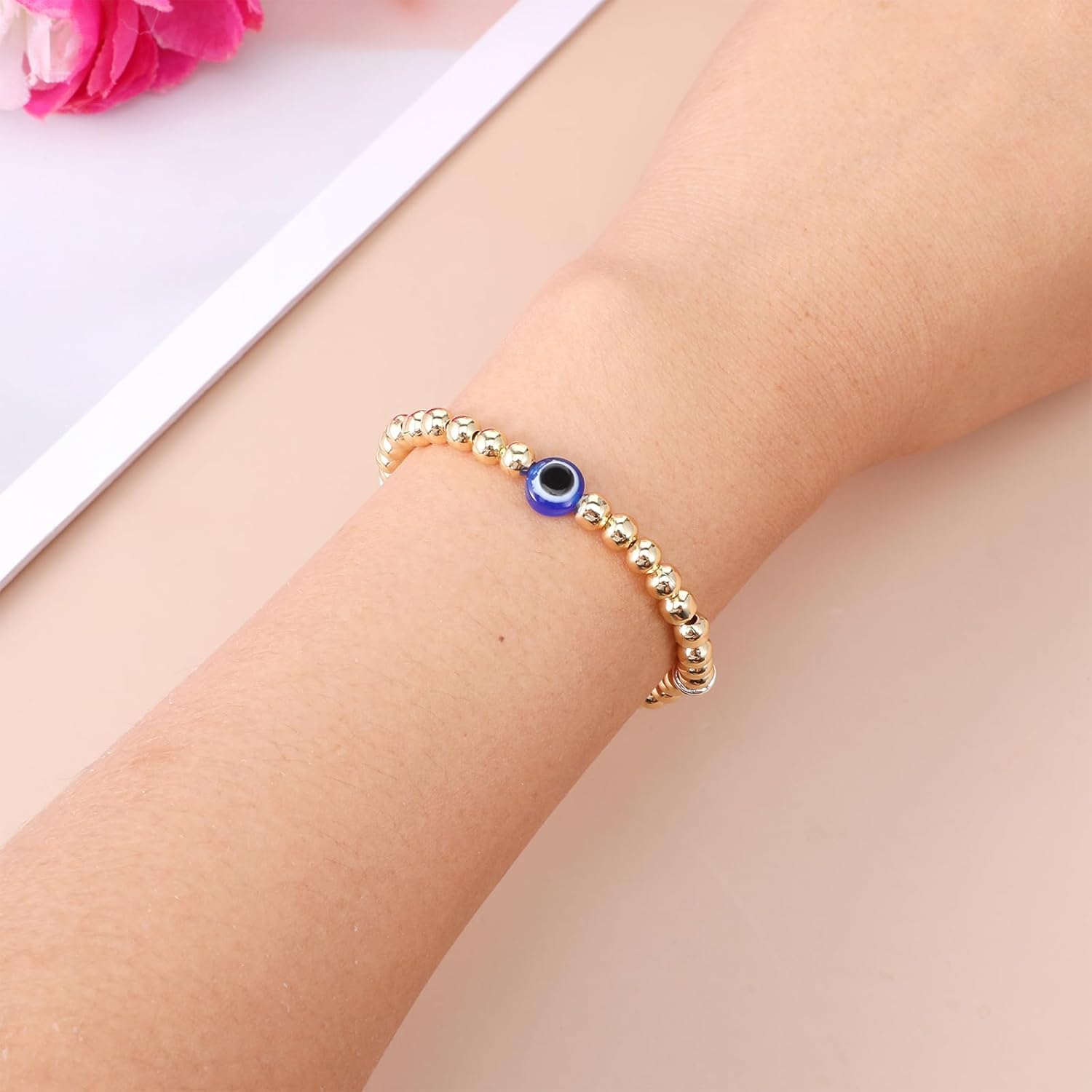 Gold Evil Eye Bracelet, Stretch Evil Eye Protection Bracelet for Women Friends Sisters Dainty Good Luck Jewelry - Image 4