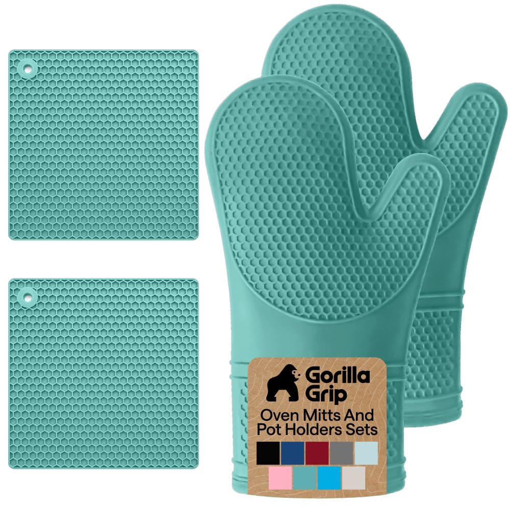 GORILLA GRIP BPA-Free Silicone Oven Mitts and Pot Holders Set, Turquoise