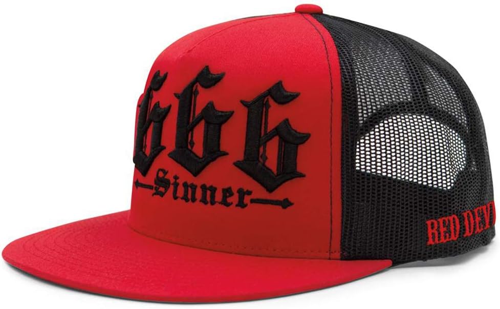 666 Sinner Trucker Cap for Men – Flat Bill 5-Panel Mesh Hat – 3D Raised 666 Front Embroidery – Adjustable Snapback – One Size Fits Most – Bold Baseball Cap (Red/Black)