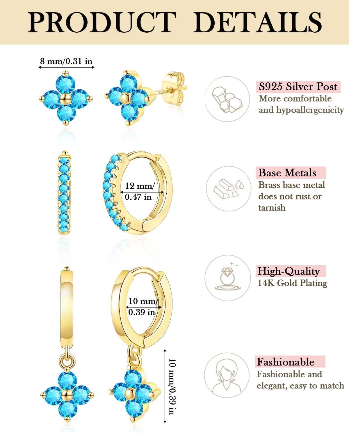 FROLOVER 3 Pairs Gold Hoop Earrings Set for Women, Hypoallergenic 14K Gold Plated Huggie Earrings Stacks for Multiple Piercing Dainty Stud Earring Cartilage Birthstone Earring Women Jewelry Gift - Image 6