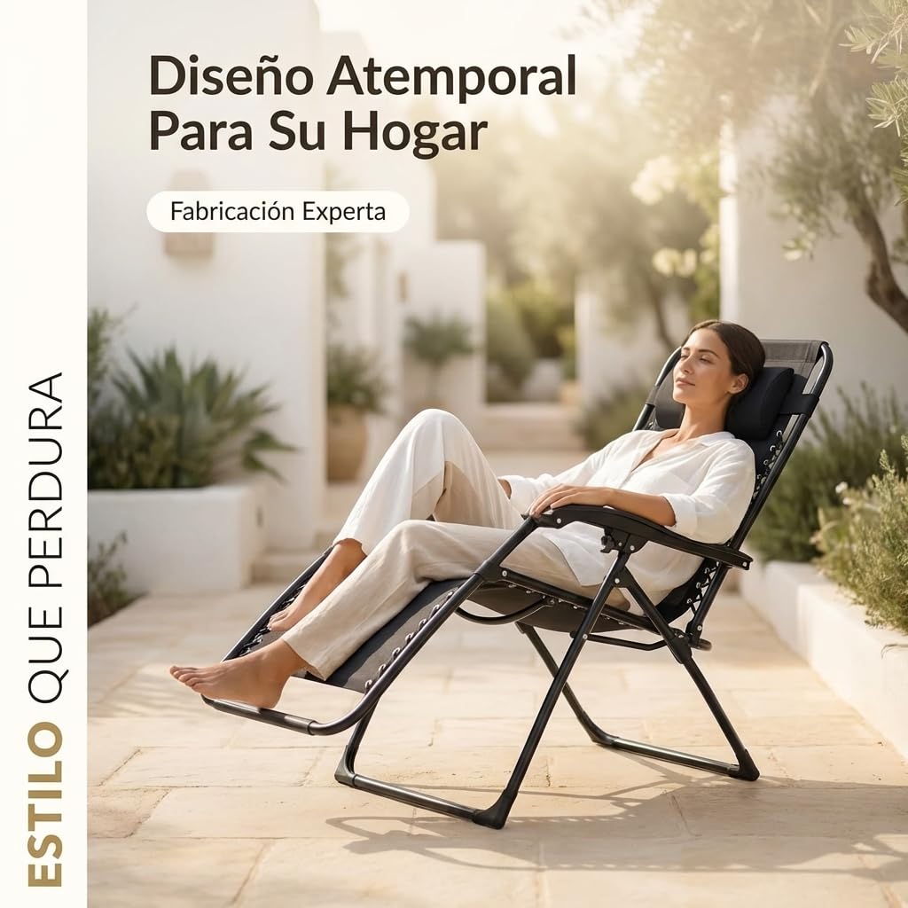 Tumbona Plegable para Exterior | Reposapiés y Cojín Ajustable | Silla Reclinable Bandeja Lateral para Bebidas, Móvil y Libros | para Terraza, Camping, Playa, Piscina (Negro) - 4