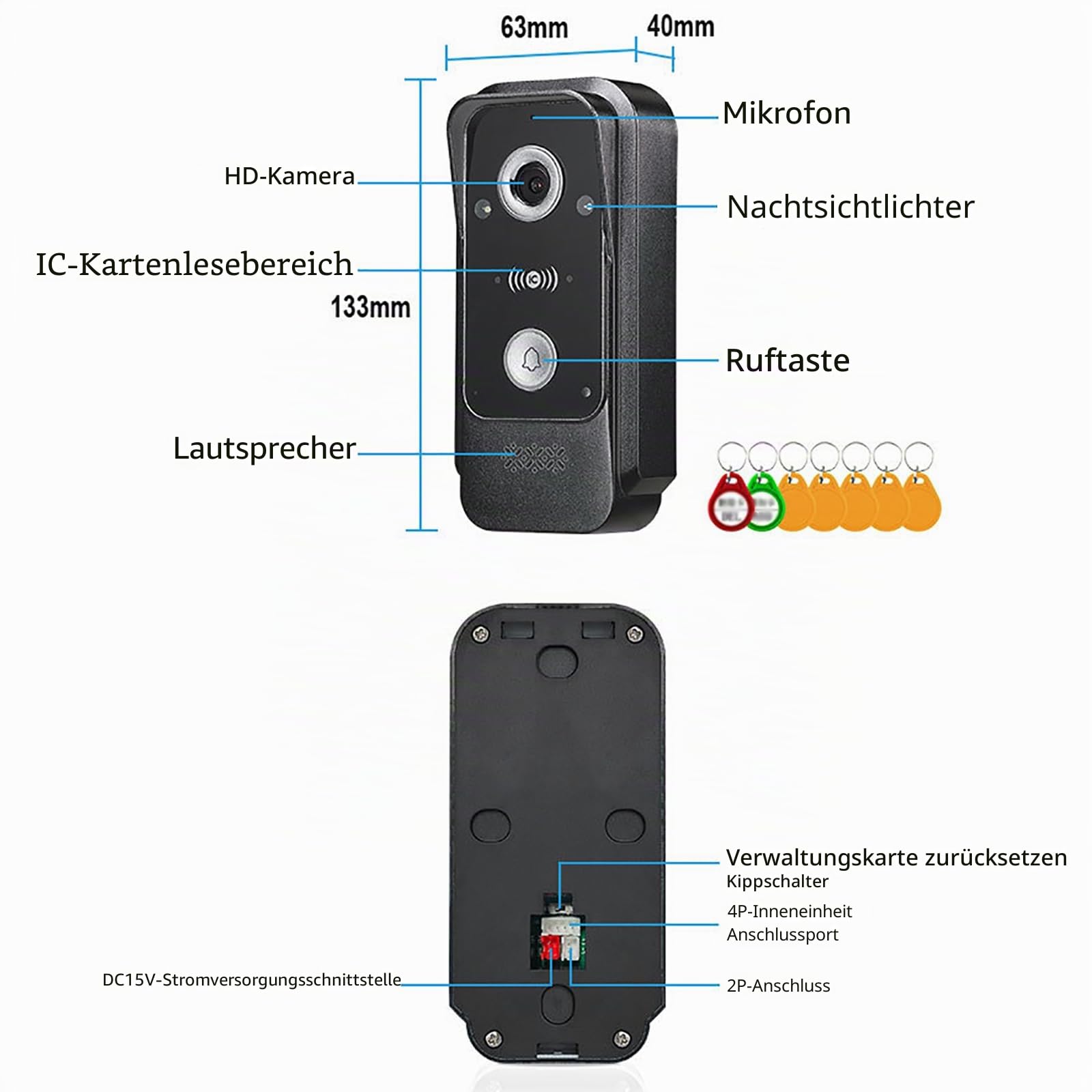 1080P Wireless Video Door Intercom, Video Door Intercom, IP Video Door Intercom, Verdrahtete Video-Türklingel Wohnung Gegensprechanlage(1 Glockenspiel+1 Bildschirm+2 Kamera)