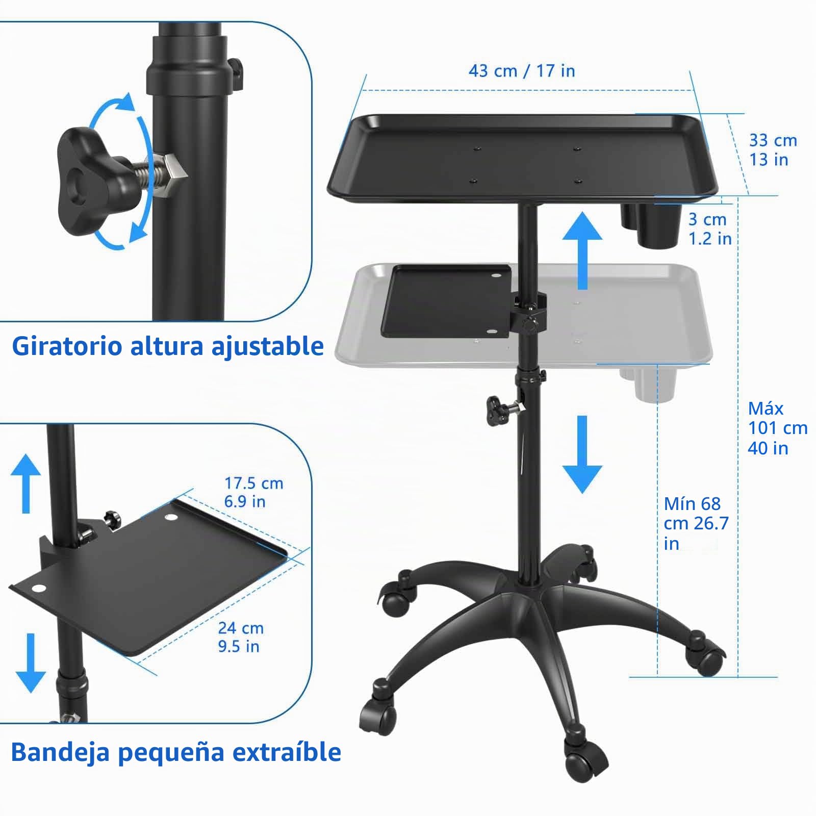 Carrito de bandeja de salón con plataforma de almacenamiento, aluminio con ruedas, altura ajustable