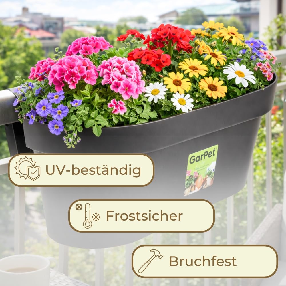 GarPet 2er Set Geländerkasten Balkon mit Wasserspeicher Blumentopf Zaun Blumenkasten Geländer Balkontopf Balkonkasten Blumenkasten Balkon Pflanzkasten Blumenkästen Anthrazit