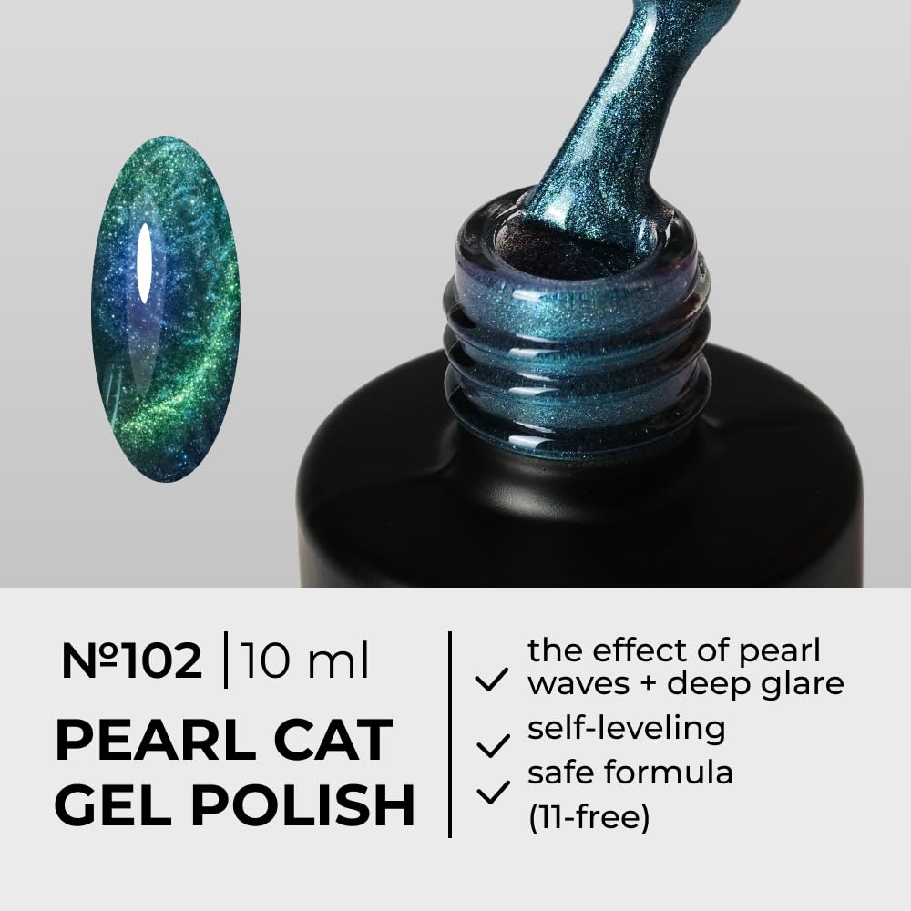 NR Pearl Cat Eye Gel Polish 102 Blue-Green (10ml) – Magnetic Pearl Effect, Dual Tone Long-Lasting Soak Off UV/LED Formula For Professional Manicure