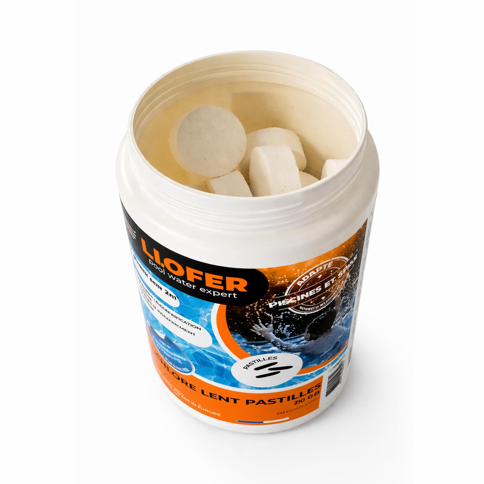 Chlore Lent Pastilles 20g Piscine et Spa, 90% Actif – Boite 1kg Désinfection Durable – Eau Claire et Saine,Chlore Permanent