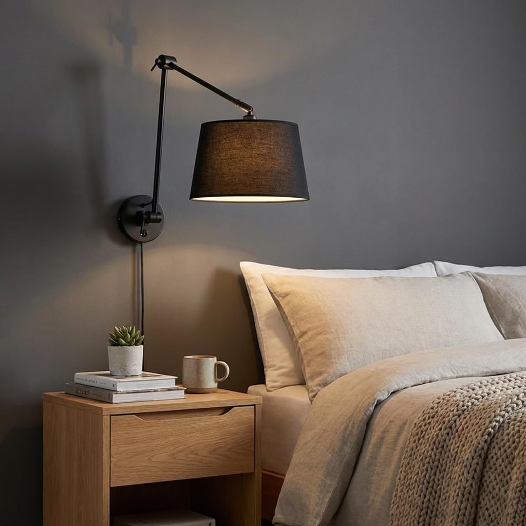 B·LED BARCELONA LED Wandleuchte mit Gelenkarm und zylinderförmigem schwarzem Stoffschirm Nordisches Design Klassisches elegantes Schalter und E27-Fassung zum Lesen Wohnzimmer Nachttisch Hotel