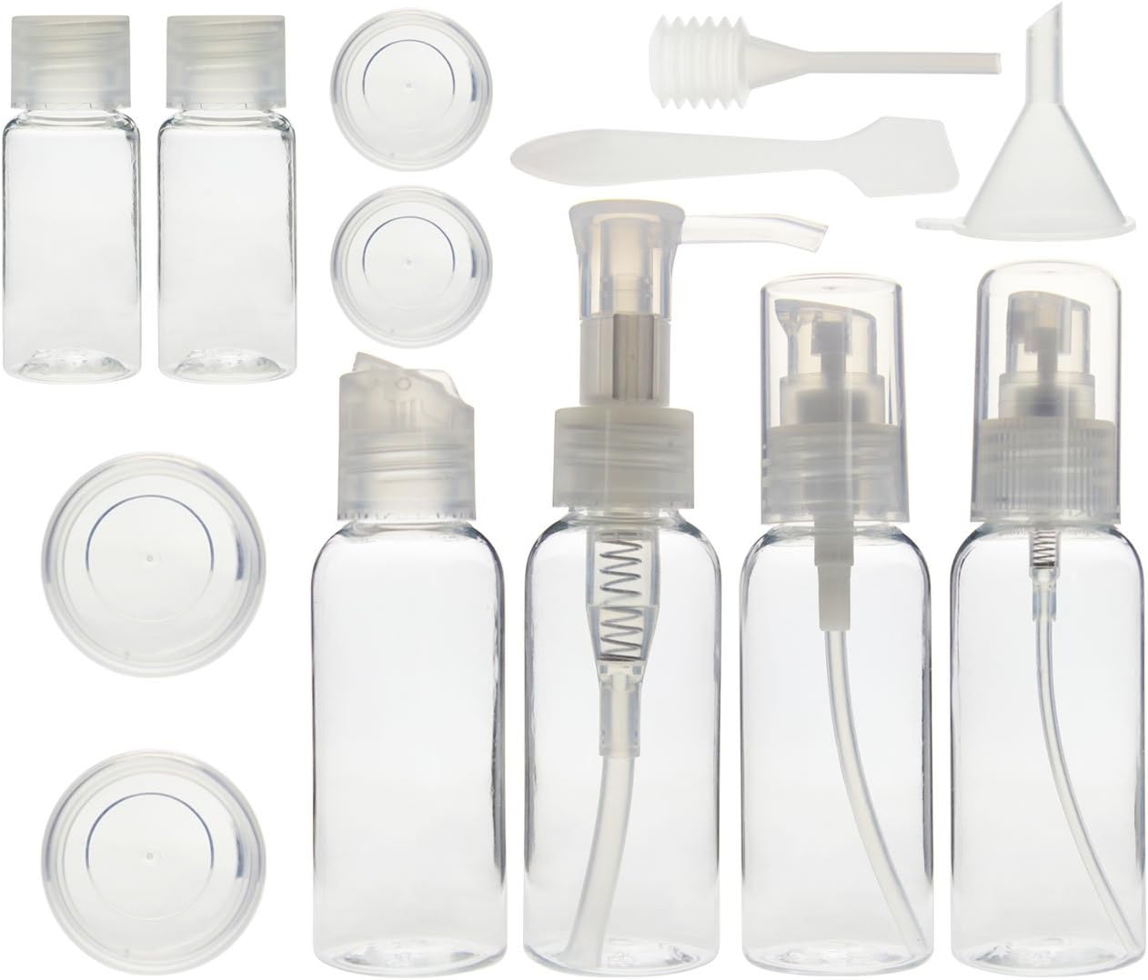 Travel bottle set for airplane hand luggage, 13 pieces by Ati Nomad, leak-proof empty plastic bottles and containers for liquids, shower gel, shampoo, cream, cosmetics, make-up (transparent)